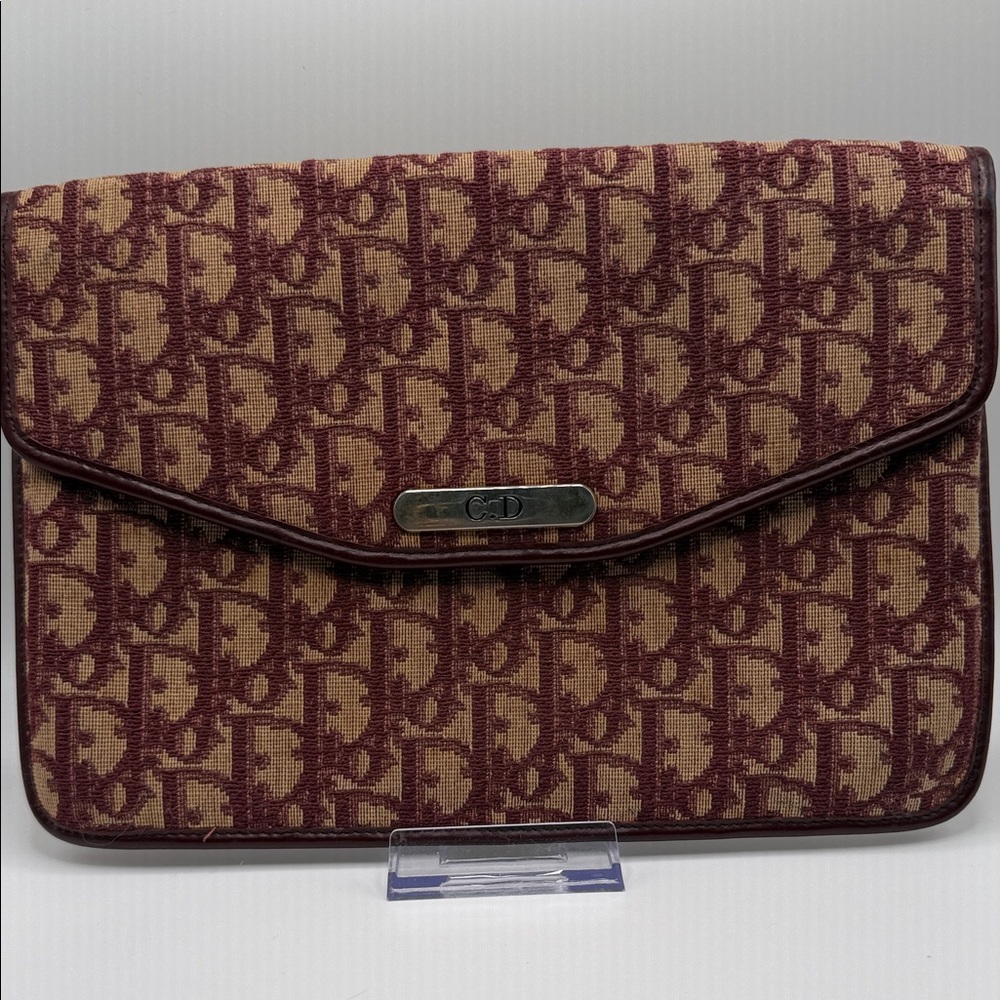 Vintage Dior Burgundy and Beige Monogram Envelope Clutch